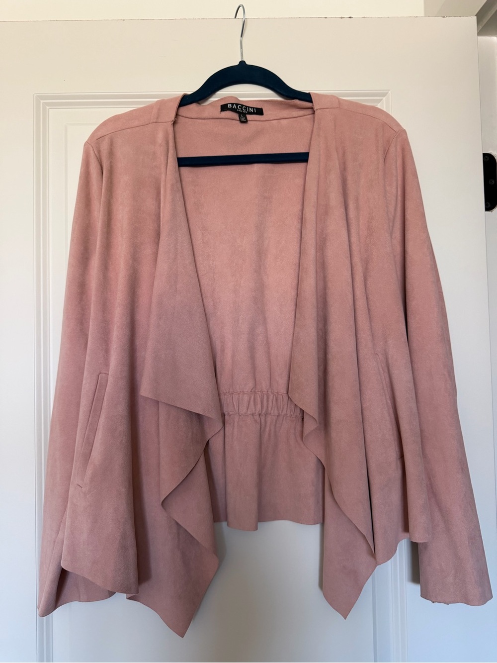 Baccini Pink Draped Open-Front Jacket lightweight suede. Dusty pink